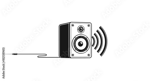 Black and white illustration of a speaker emitting sound waves, connected by a cable.