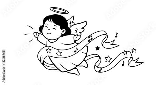 A charming black and white line art illustration of a cute flying angel with a halo and wings, holding a flowing ribbon decorated with musical notes and stars.