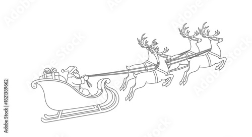 A black and white line art illustration of Santa Claus in his sleigh being pulled by four flying reindeer.
