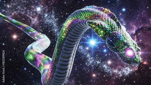 Cosmic serpent creature floating in a nebula starfield
