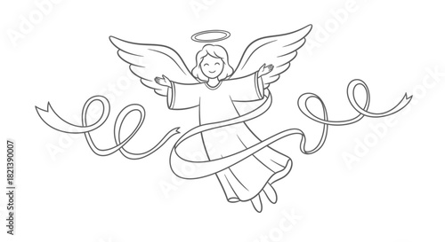 Line art drawing of a smiling angel with wings and halo, surrounded by flowing ribbons, in a simple, clean style.