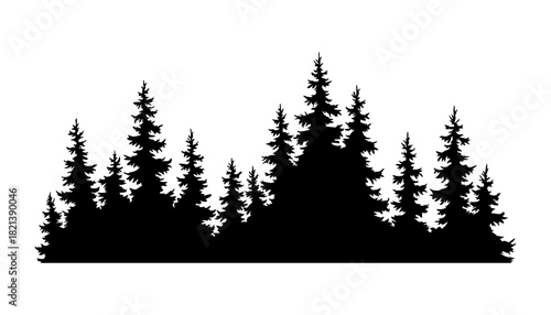 Fir trees silhouette. Coniferous spruce horizontal background pattern, black evergreen woods vector illustration. Beautiful hand drawn panorama of coniferous forest