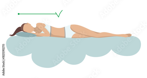 Correct sleeping body posture. Healthy sleeping position spine on orthopedic mattress and pillow. Caring for health of back, neck. Vector illustration