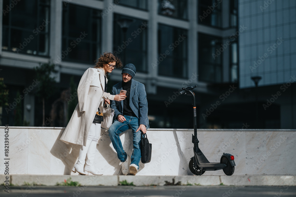 Obraz premium Two urban friends chat on a marble ledge in a modern city, one showing a phone to the other as a scooter rests nearby, capturing a casual, connected moment.