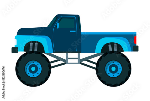 Monster truck. Bright colorful cartoon auto with big wheels. Heavy car with large tires and black tinted windows. Isolated rally 4x4 computer or mobile game