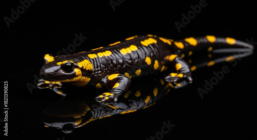 Striking fire salamander with glossy black skin and vibrant yellow spots posing on a dark surface