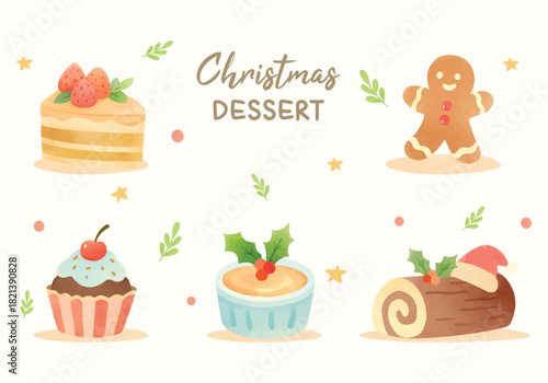 Cozy Christmas dessert watercolor illustration. Log cake, gingerbread, brulee hand drawn. Winter holiday doodle. Festive food and cake vector.