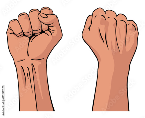 Rised fist hand gesture drawn emblem. Vector hand clenched into fist and rising up, symbol isolated on white background. Power sign. Human hand up in the air