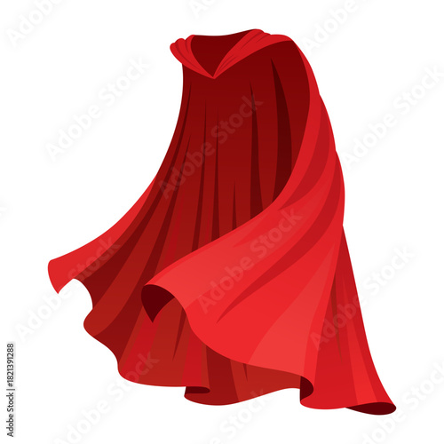 Superhero red cape in front view. Scarlet fabric silk cloak. Mantle costume or cover cartoon vector illustration