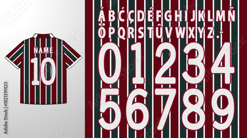 Vector typeface with bold outline glyphs inspired by striped sports jerseys. Clean curves, grid texture and dynamic numerals ideal for urban clothing prints, athletic graphics and custom apparel desig