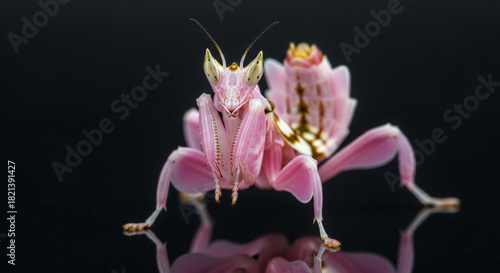 A pink and white orchid mantis is standing tall, displaying a praying pose on a black surface