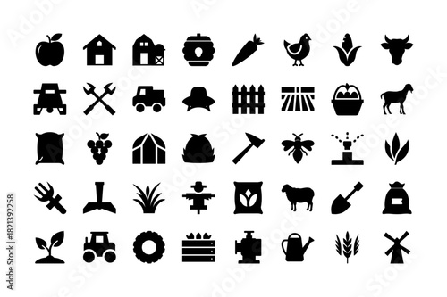 Farming Agriculture Icons Set | Cultivation Harvest Livestock Tools Food Rural Landscape Barn Mill Scarecrow Tractor Plant Apple Grape Seed Irrigation Bee Farm Elements