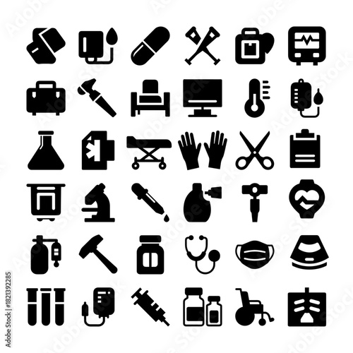 Medical Healthcare Icons Set | Hospital Clinic Doctor Equipment Stethoscope Syringe X Ray Medicine Pharmacy First Aid Kit Thermometer Microscope Test Tube