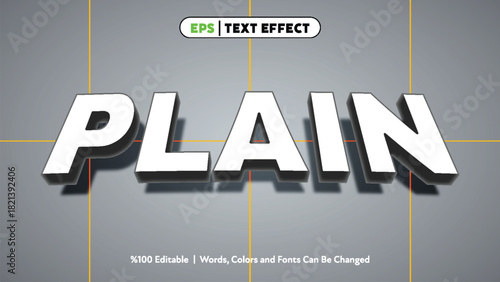 Bold 3d plain text effect vector art with thick white letters and dark shadow on gray background with yellow grid lines, editable modern typography style