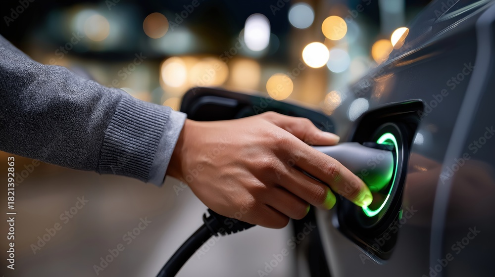 Fototapeta premium Close-up of hand plugging in electric car charger at night