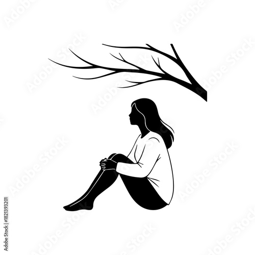 Minimalist black and white vector silhouette of a young woman sitting peacefully with her legs drawn up under the branch of a tree, looking ahead in a calm, thoughtful mood.