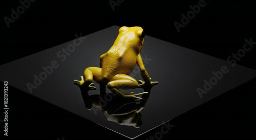 Golden poison frog sits with its reflection shown in stark contrast against black backdrop