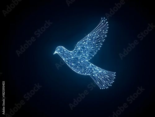 Elegant digital dove soars with hope, peace, and freedom in a stunning display of tech