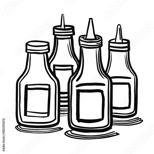 Collection of four illustration style condiment squeeze bottles with blank labels on white isolated on white background, Vector, illustration