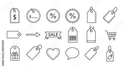 Collection of Hand-Drawn Sale and Price Tags with Various Icons.
