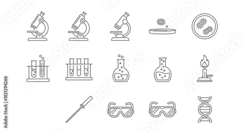 Collection of Hand-Drawn Scientific Laboratory Equipment Icons.