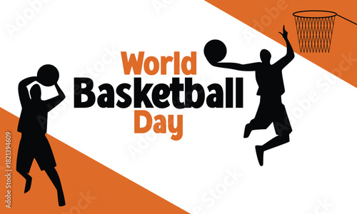 World basketball day celebration with dynamic players and hoop.
