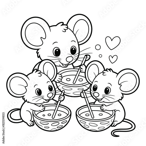 Cute cartoon mice family stirring bowls of food together, line art illustration. isolated on white background, Vector, illustration