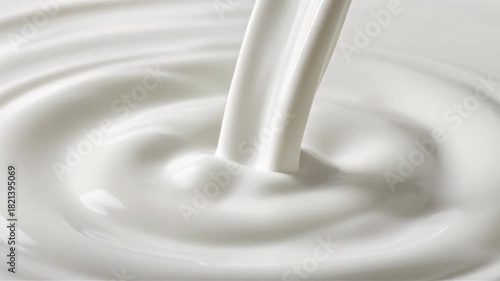 High-quality close-up of milk pouring into a pool of cream with ripples and splashes