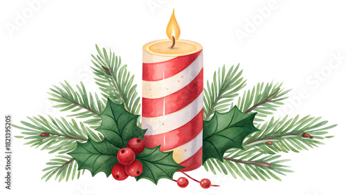 Festive candy stripe Christmas candle with holly leaves and red berries for holiday decorations and winter themes