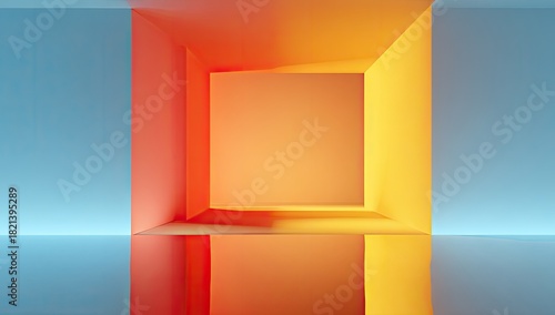 Abstract box-like structure, with vibrant orange and yellow hues, centered on a blue background