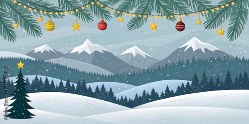 Winter snowy mountain landscape with Christmas ornaments and festive pine branches for holiday backgrounds