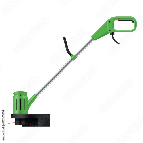 An illustration of an electric lawn trimmer with an ergonomic design, making gardening easy. Ideal for trimming grass and weeds in gardens and yards at any time.