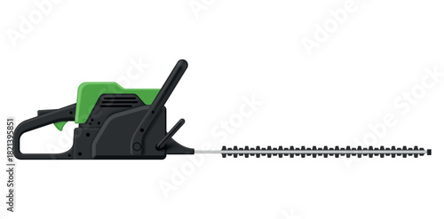 Illustration of a hedge trimmer on a white background showing the ergonomic shape and sharp cutting edge ideal for trimming hedges and shrubs.