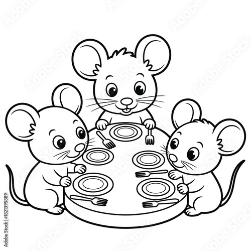 Three cute cartoon mice sitting at a round table with plates and forks, ready to eat isolated on white background, Vector, illustration