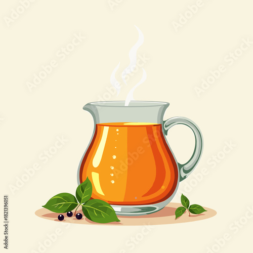 Herbal tea in glass pot with leaves on beige background  