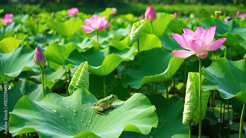 Dynamic shot of a small, colorful dragonfly or a tiny frog perched delicately on a lotus leaf, capturing its intricate details and natural habitat. Medium close up, focusing on the subtle movements?