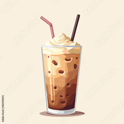 Iced latte with straw in glass topped with whipped cream and dark straw  