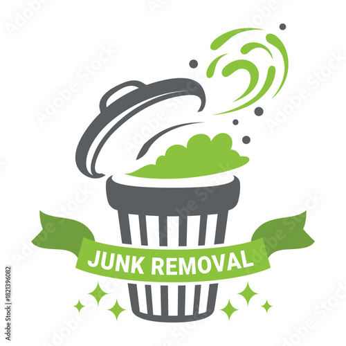 Creative logo design for junk removal services showcases a trash can with vibrant colors and stylish elements. This design emphasizes cleanliness and efficient waste management solutions.
