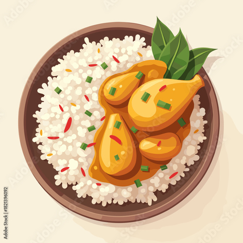 Chicken curry with rice in a bowl garnished with herbs  