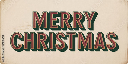 "Retro 3D Merry Christmas text effect in vintage typography style. Bold serif letters with embossed edges, soft shadows, textured grain, warm holiday color palette
