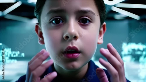 Close-up of Young Boy Experiencing Futuristic Augmented Reality Data Scan and Reacting with Astonishment