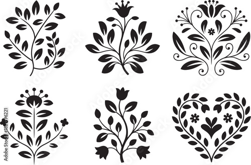 Decorative black floral silhouettes set for elegant design elements