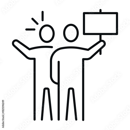 An icon of a public demonstration, strike or picket with striking people holding signs and expressing support for the common cause