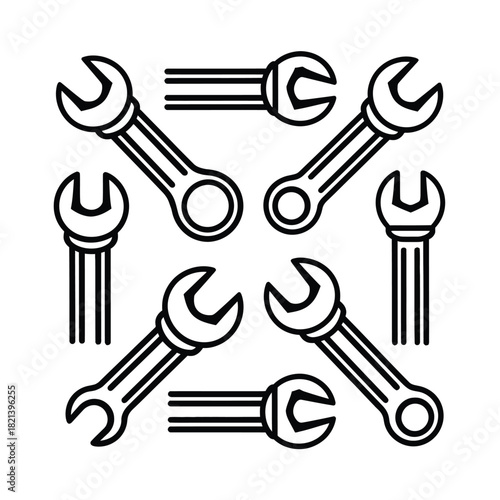 Collection of line art wrenches arranged in a circular pattern on a white background. isolated on white background, Vector, illustration