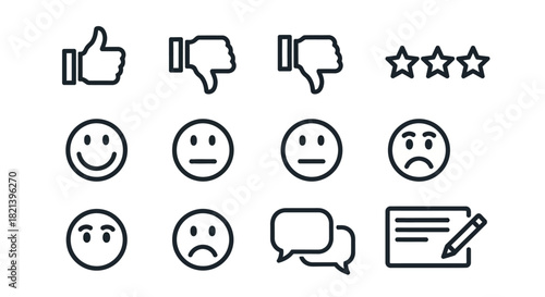 Collection of Line Art Icons for Feedback and Rating Systems.