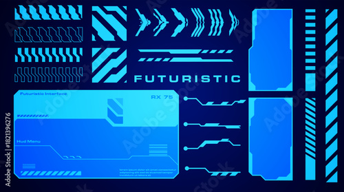 Digital technologies UI, UX. Futuristic HUD, FUI, virtual interface. Futuristic information templates. Callouts, headers and borders in Cyberpunk style. Science fiction.