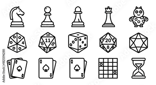 Collection of Line Art Game Icons - Chess Pieces, Dice, Cards, and More.