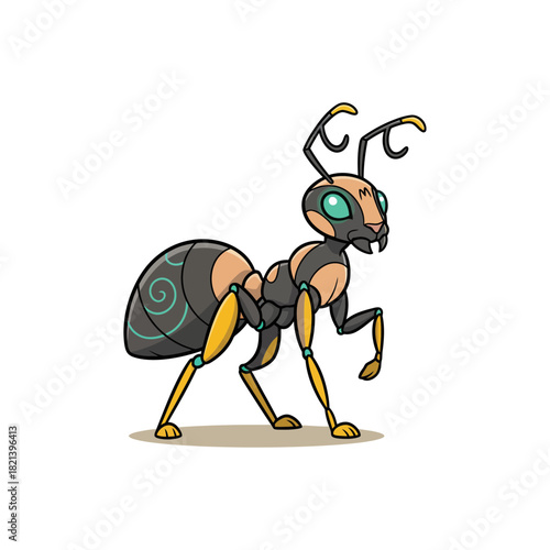 Stylized robotic ant with intricate details and bright colors isolated on transparent background isolated on white background silhouette