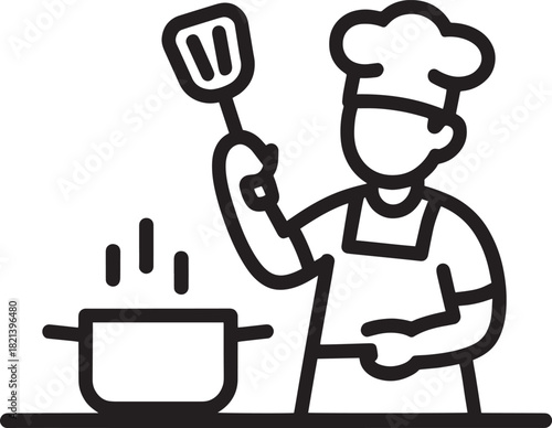 Chef cooking meal with pot and spatula line art illustration icon