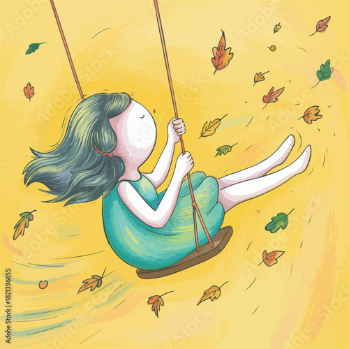Little fairy princess girl on a summer swing illustration vector of child fun, joy, and beauty